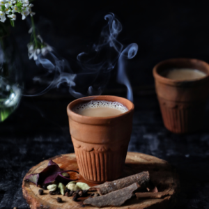 A tea is in soil glass