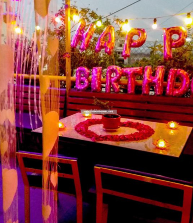 A restaurant where happy birthday is written.